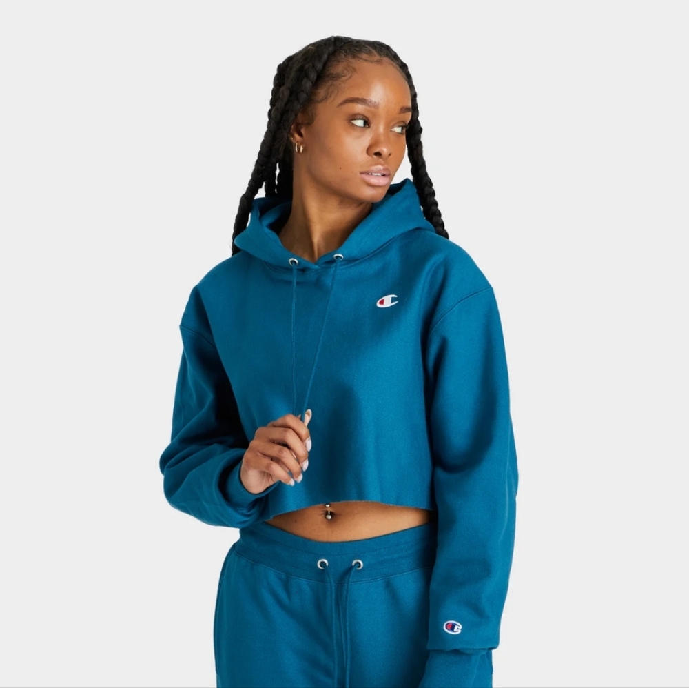 Champion Reverse Weave Cropped Hooded Hoodie Sweatshirt Teal Blue Small NEW